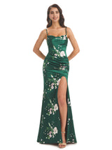 Elegant Spaghetti Straps Side Slit Mermaid Floral Satin Maxi Floral Formal Dresses For Women