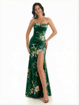 Sexy Sweetheart Side Slit Mermaid Long Satin Floral Formal Dresses For Women