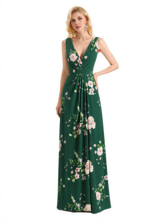 Beautiful V-Neck Mermaid Floral Satin Maxi Floral Formal Dresses For Women