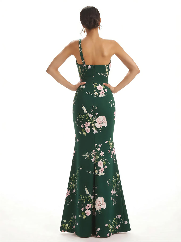 Elegant One Shoulder Side Slit Mermaid Floral Satin Maxi Floral Formal Dresses For Women