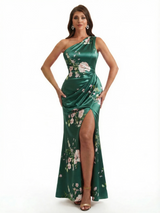 Simple One Shoulder Side Slit Mermaid Floral Satin Maxi Floral Formal Dresses For Women