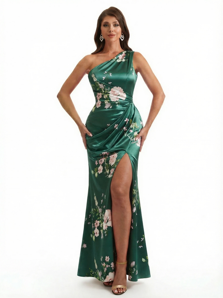 Simple One Shoulder Side Slit Mermaid Floral Satin Maxi Floral Formal Dresses For Women