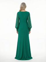 ChicSew Unique V-Neck Long Sleeve Chiffon Mother Of The Bride Gown With Center Slit And Flower Detail