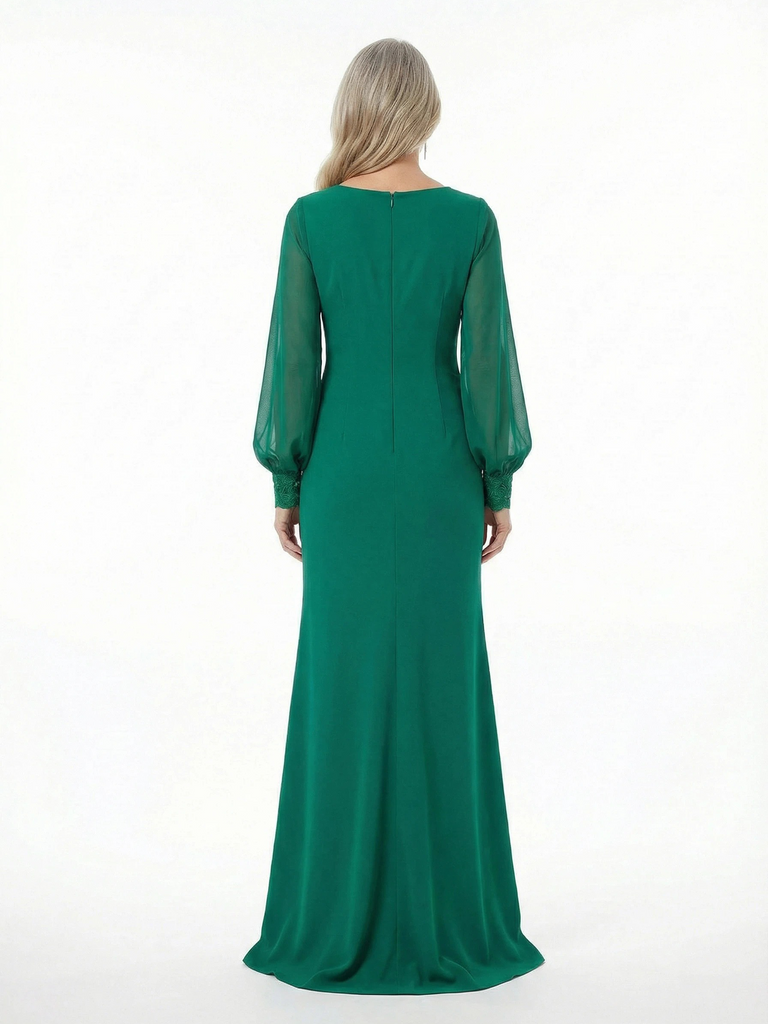 ChicSew Unique V-Neck Long Sleeve Chiffon Mother Of The Bride Gown With Center Slit And Flower Detail