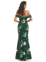 Elegant Off Shoulder Mermaid Floral Satin Maxi Floral Formal Evening Dresses