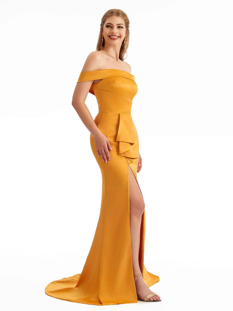 Soft Satin Off-Shoulder Ruffled Slit Boho Bridesmaid Gown