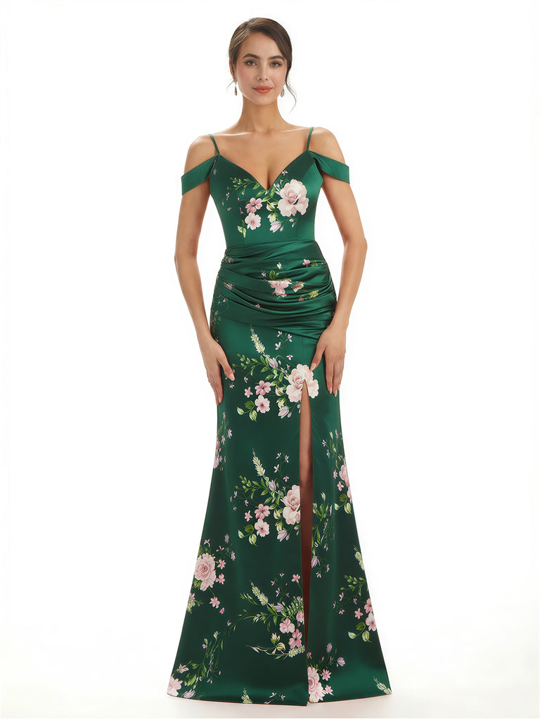 Trendy Cold Shoulder Side Slit Mermaid Floral Satin Maxi Floral Formal Dresses For Ladies