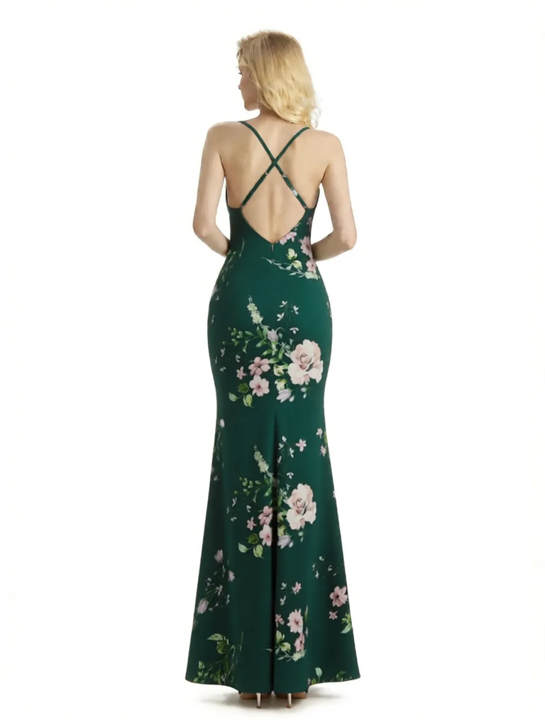 Sexy Jewel Spaghetti Straps Mermaid Long Satin Floral Formal Dresses For Women