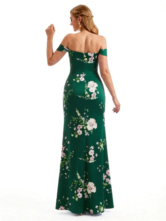 Beautiful Off Shoulder Side Slit Mermaid Floral Satin Maxi Floral Formal Dresses For Women
