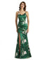 Simple Spaghetti Straps V-Neck Side Slit Mermaid Floral Satin Maxi Floral Formal Dresses For Women
