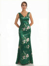 Trendy V-Neck Mermaid Floral Satin Maxi Floral Formal Evening Dresses For Women