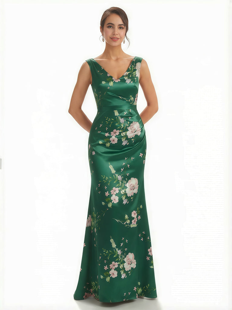 Trendy V-Neck Mermaid Floral Satin Maxi Floral Formal Evening Dresses For Women