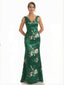 Trendy V-Neck Mermaid Floral Satin Maxi Floral Formal Evening Dresses For Women