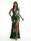 Simple Halter Side Slit Mermaid Floral Satin Maxi Floral Formal Dresses For Women