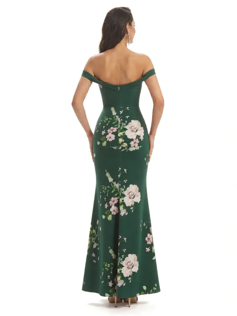 Simple Off Shoulder Mermaid Floral Satin Maxi Floral Formal Dresses For Women