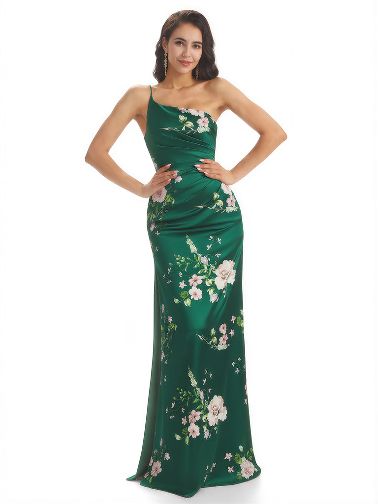 Elegant One Shoulder Mermaid Long Satin Floral Formal Dresses For Women