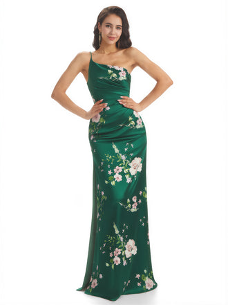 Elegant One Shoulder Mermaid Long Satin Floral Formal Dresses For Women