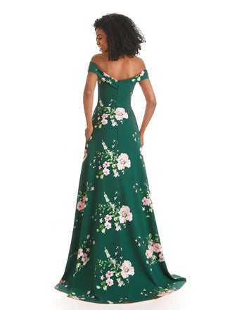 Trendy Off Shoulder A-Line Long Floral Satin Women Formal Evening Dresses