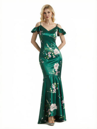 Beautiful Mermaid Cold Shoulder Floral Satin Maxi Floral Formal Dresses For Women