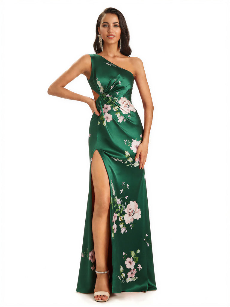 Elegant One Shoulder Mermaid Side Slit Long Satin Floral Formal Dresses For Women