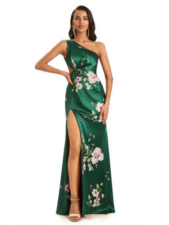 Elegant One Shoulder Mermaid Side Slit Long Satin Floral Formal Dresses For Women