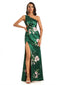 Elegant One Shoulder Mermaid Side Slit Long Satin Floral Formal Dresses For Women