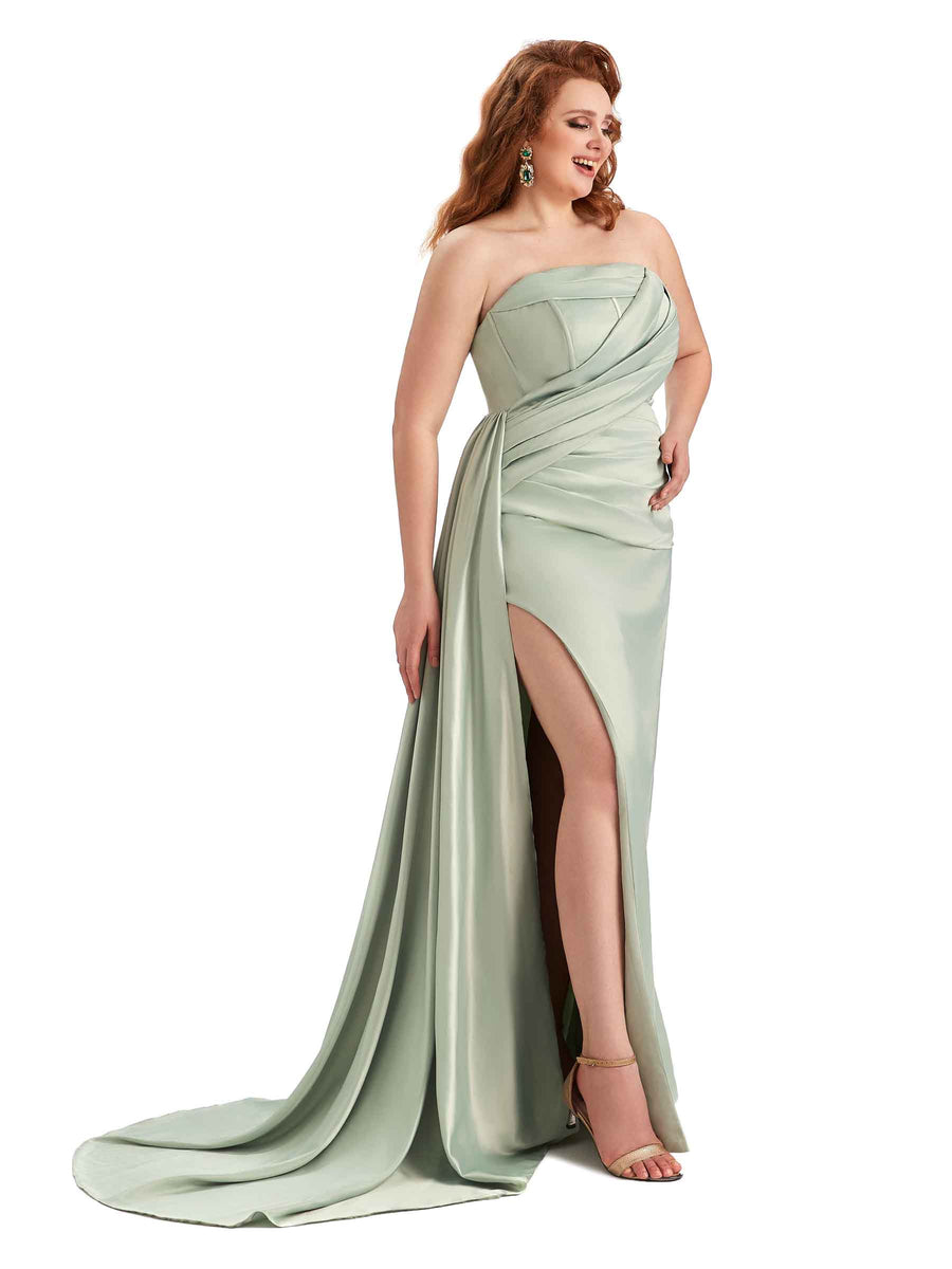 Plus Size Sexy Side Slit Mermaid Soft Satin Formal Wedding Bridesmaid Dresses Online