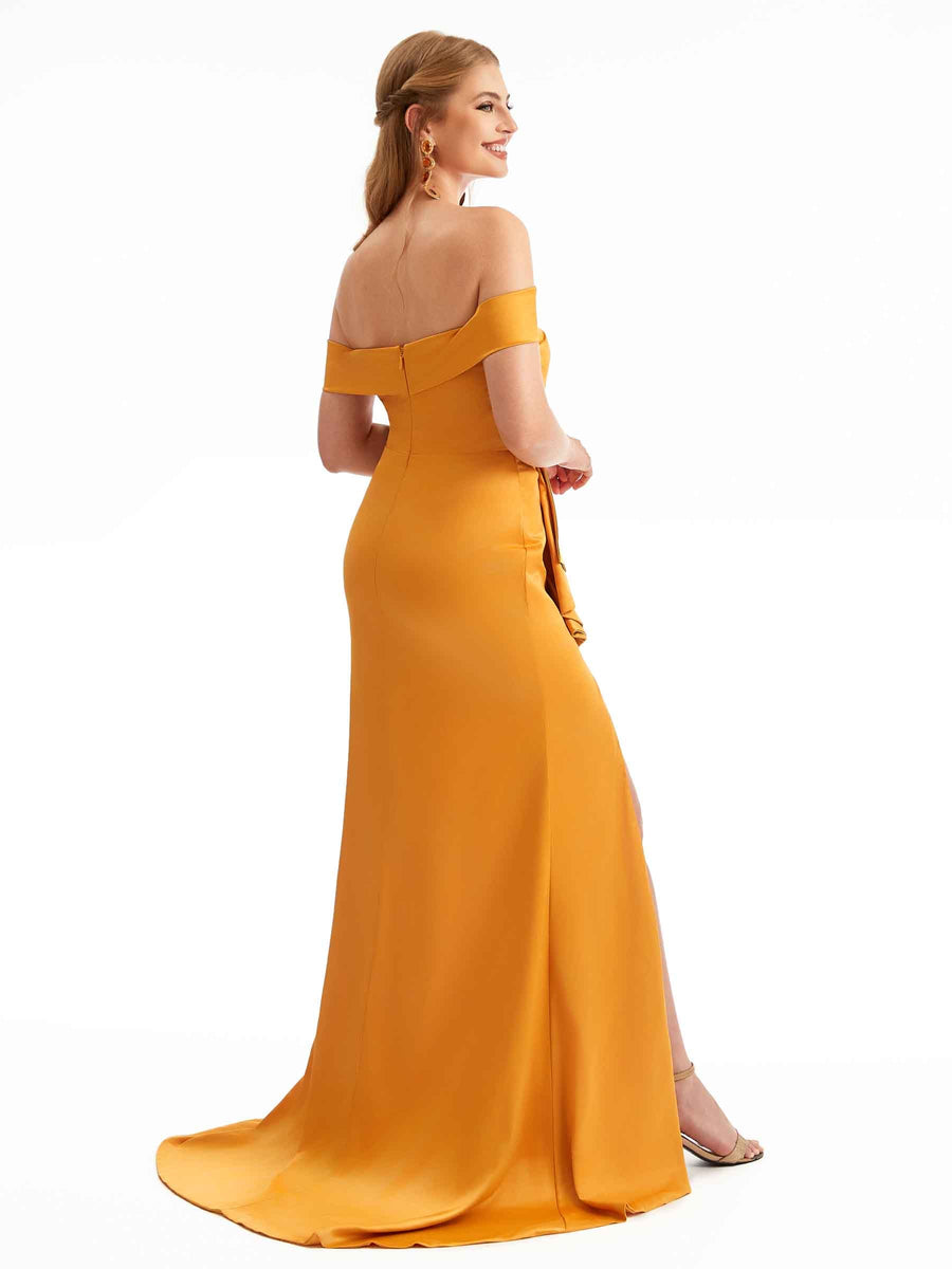 Soft Satin Off-Shoulder Ruffled Slit Boho Bridesmaid Gown