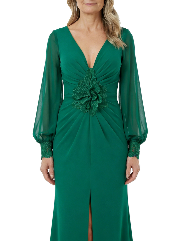 ChicSew Unique V-Neck Long Sleeve Chiffon Mother Of The Bride Gown With Center Slit And Flower Detail