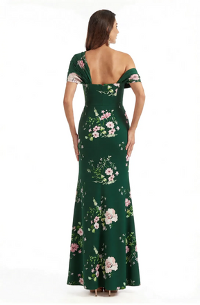 Elegant Asymmetrical Side Slit Mermaid Long Satin Floral Formal Dresses For Women