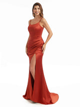 Sexy Side Split Spaghetti Straps Scoop Maxi Satin Wedding Guest Mermaid Dresses