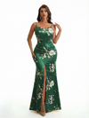 Simple Spaghetti Straps Slit Mermaid Floral Satin Maxi Floral Formal Dresses For Women
