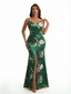 Simple Spaghetti Straps Slit Mermaid Floral Satin Maxi Floral Formal Dresses For Women