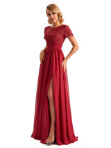 Elegant Side Slit Chiffon Short Sleeves Lace Long Mother of the Brides Dresses