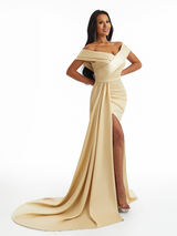 Sexy Off Shoulder V-Neck Side Slit Mermaid Soft Satin Long Bridesmaid Dresses