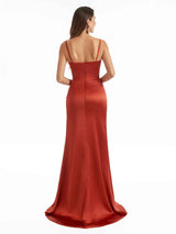 Sexy Side Split Spaghetti Straps Scoop Maxi Satin Wedding Guest Mermaid Dresses