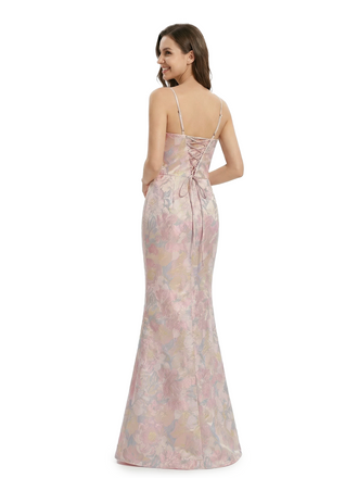 ChicSew Fancy Jacquard Satin Spaghetti Straps Mermaid Long Formal Evening Dresses