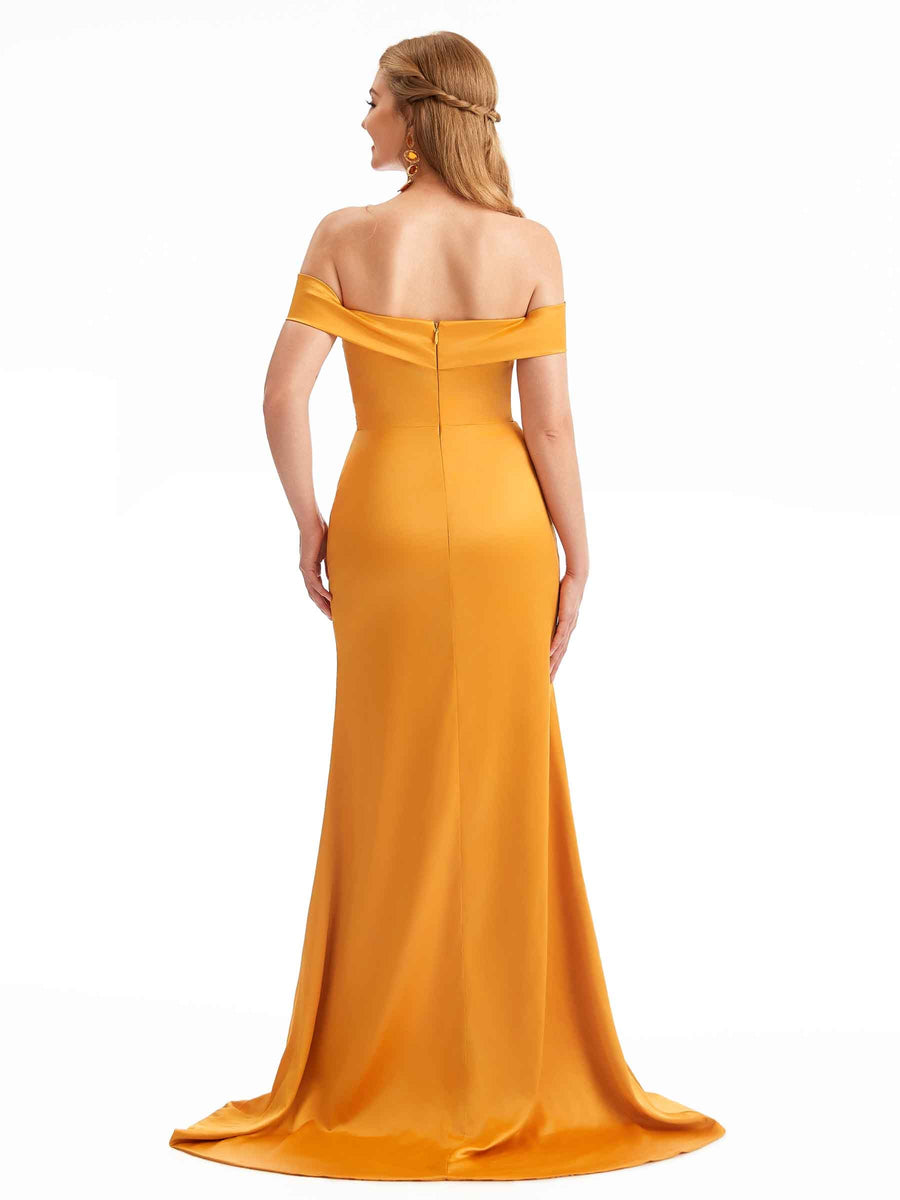 Soft Satin Off-Shoulder Ruffled Slit Boho Bridesmaid Gown