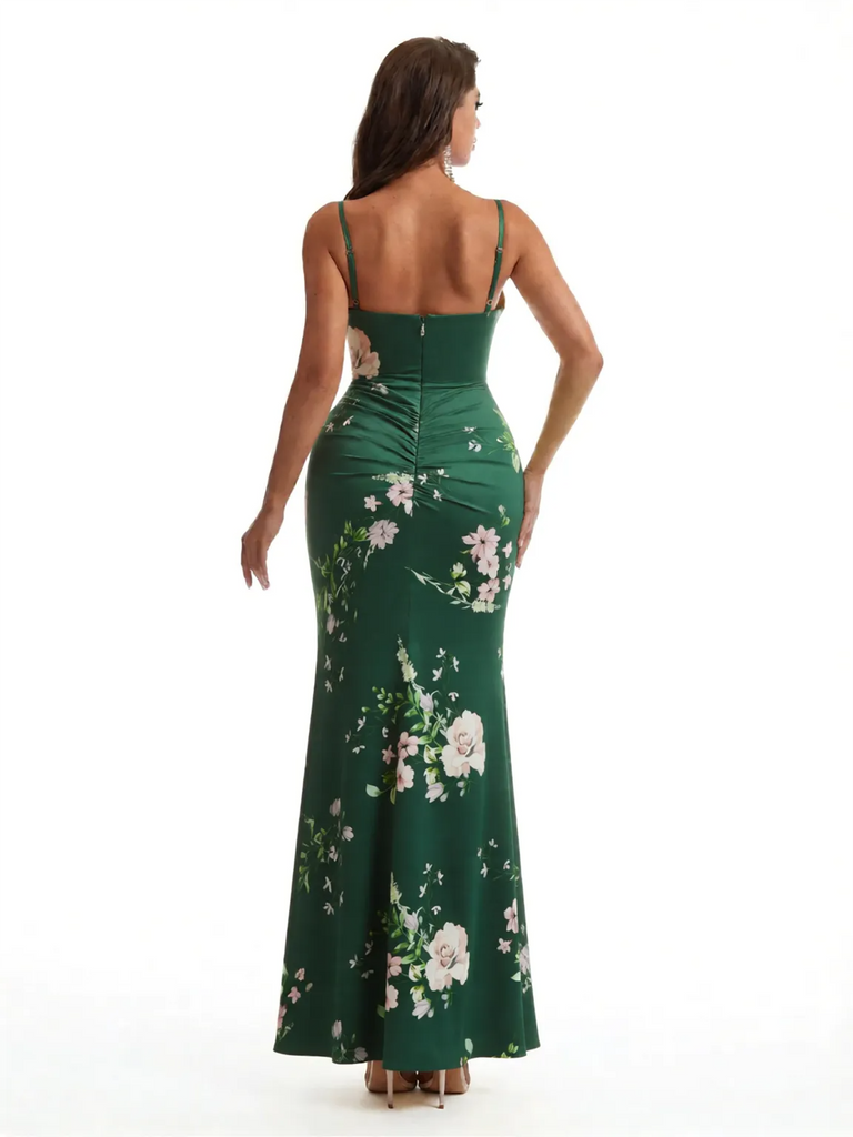 Simple Spaghetti Straps Slit Mermaid Floral Satin Maxi Floral Formal Dresses For Women