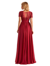 Elegant Side Slit Chiffon Short Sleeves Lace Long Mother of the Brides Dresses