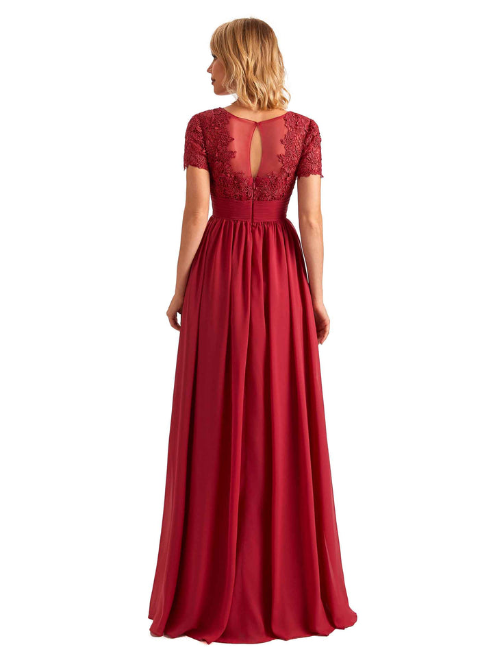 Elegant Side Slit Chiffon Short Sleeves Lace Long Mother of the Brides Dresses