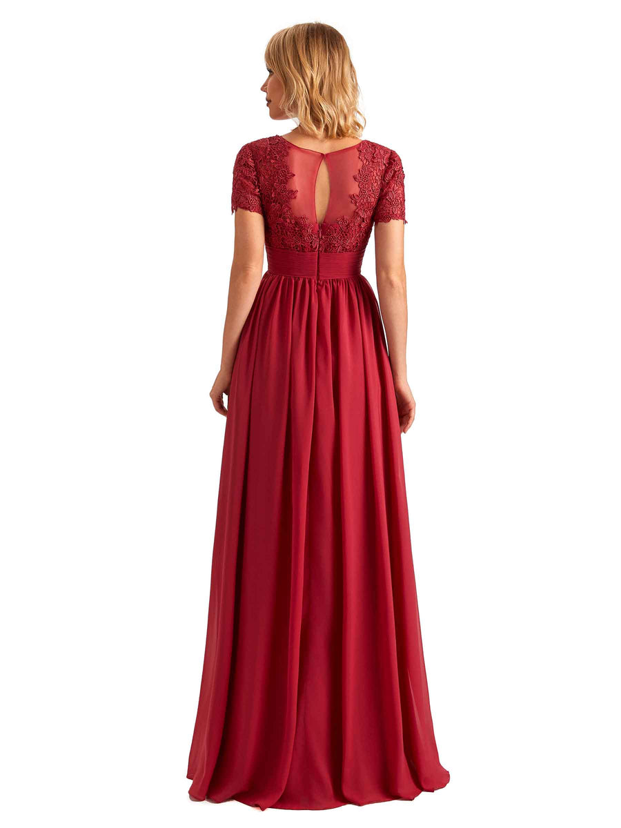 Elegant Side Slit Chiffon Short Sleeves Lace Long Mother of the Brides Dresses