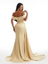 Sexy Off Shoulder V-Neck Side Slit Mermaid Soft Satin Long Bridesmaid Dresses