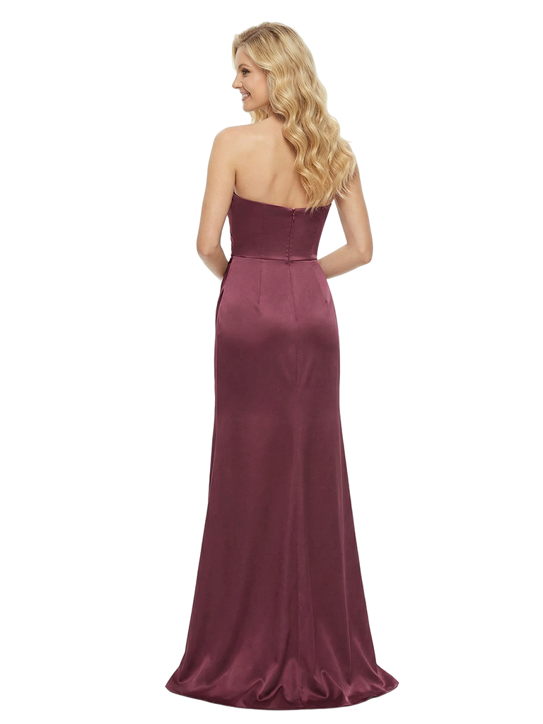Elegant Strapless Sweetheart Satin Side Slit Ruched Maxi Prom Gown