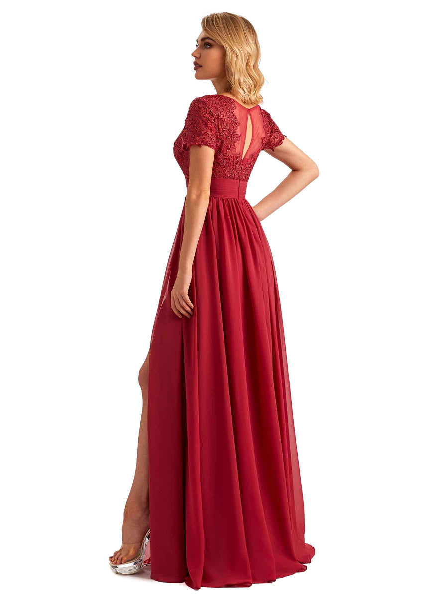 Elegant Side Slit Chiffon Short Sleeves Lace Long Mother of the Brides Dresses