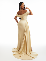 Sexy Off Shoulder V-Neck Side Slit Mermaid Soft Satin Long Bridesmaid Dresses
