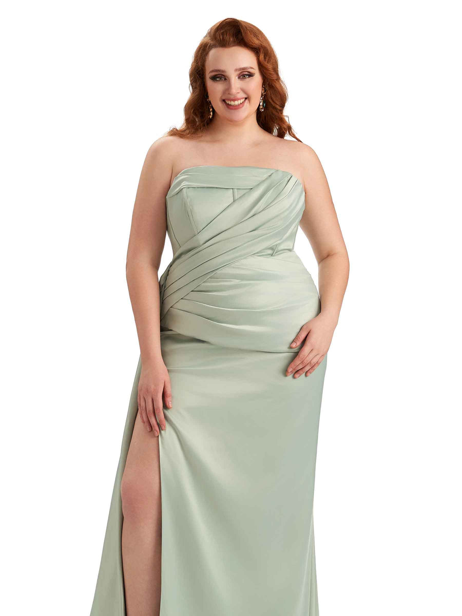 Plus Size Sexy Side Slit Mermaid Soft Satin Formal Wedding Bridesmaid Dresses Online