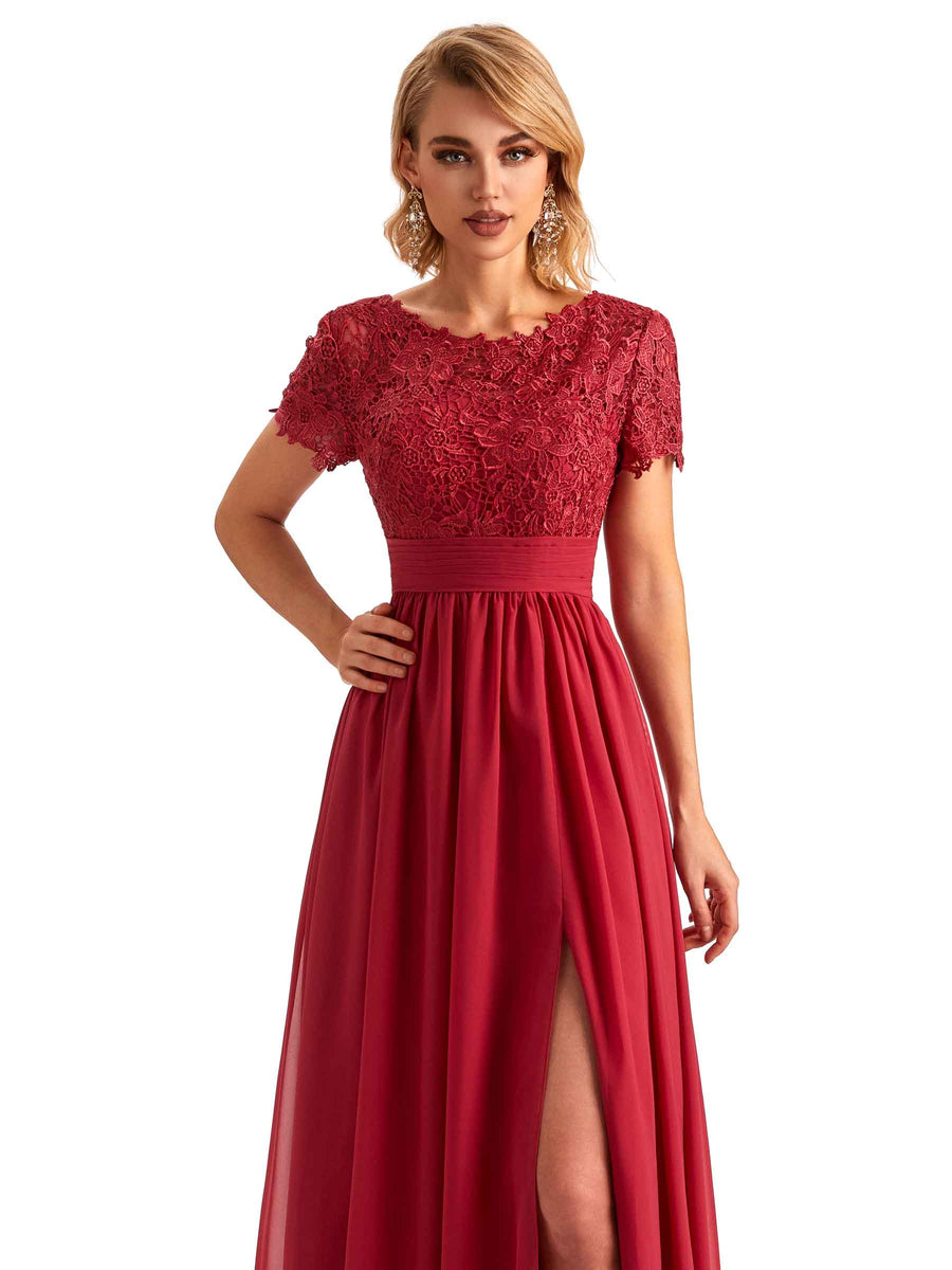 Elegant Side Slit Chiffon Short Sleeves Lace Long Mother of the Brides Dresses