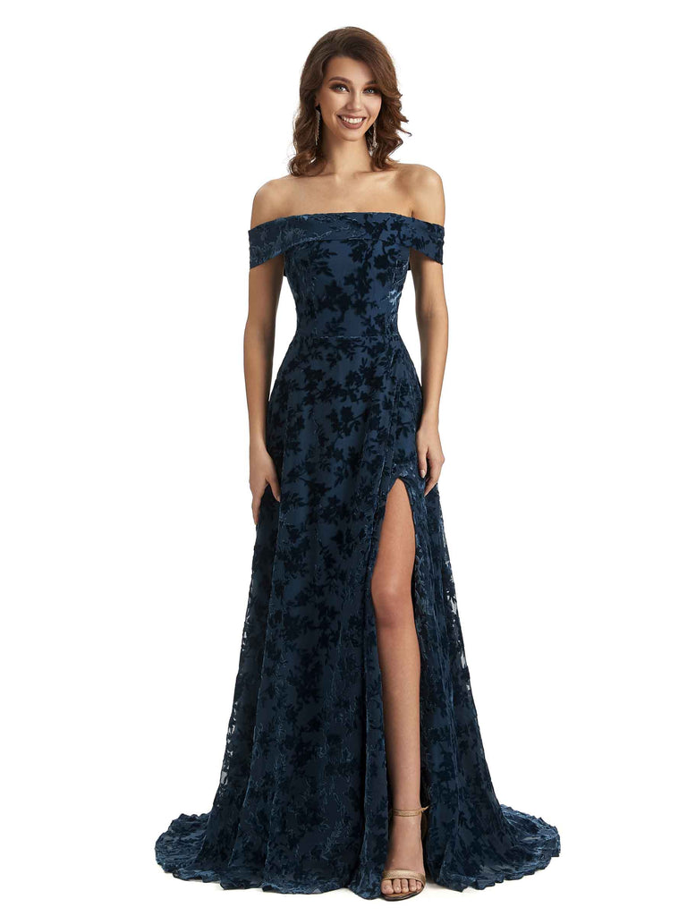 Sexy Side Slit A-Line Lace Velvet Off Shoulder Long Bridesmaid Dresses Online - ChicSew Sexy Side Slit A-Line Lace Velvet Off Shoulder Long Bridesmaid Dresses Online - ChicSew