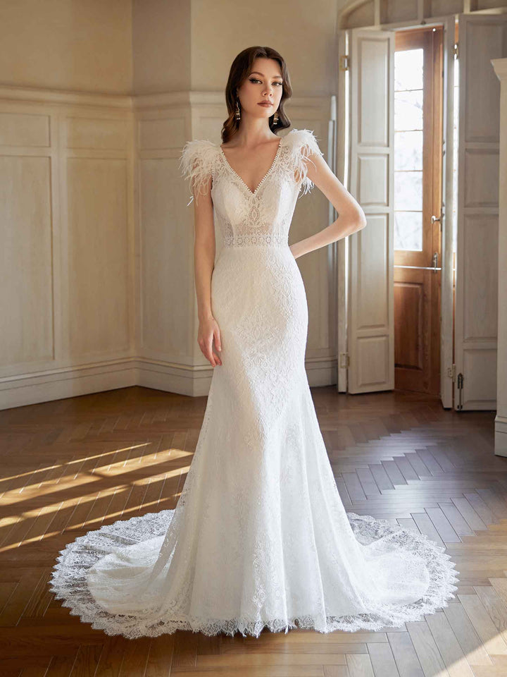 Sexy Mermaid Cap Sleeves V-neck Maxi Long Lace Wedding Dresses With Feather